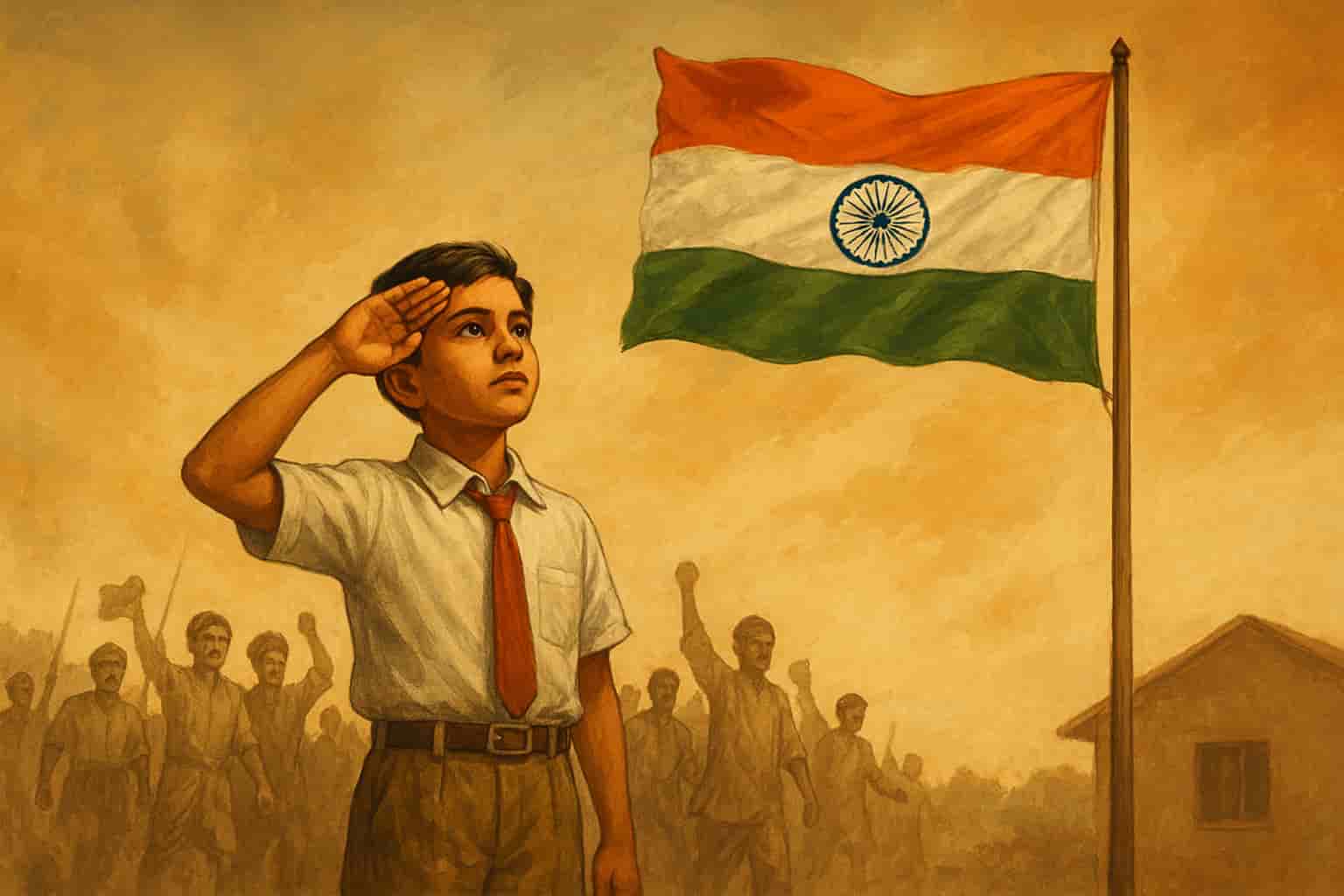 Happy Independence Day 2025 school celebration with students waving Indian national flag and cheering together