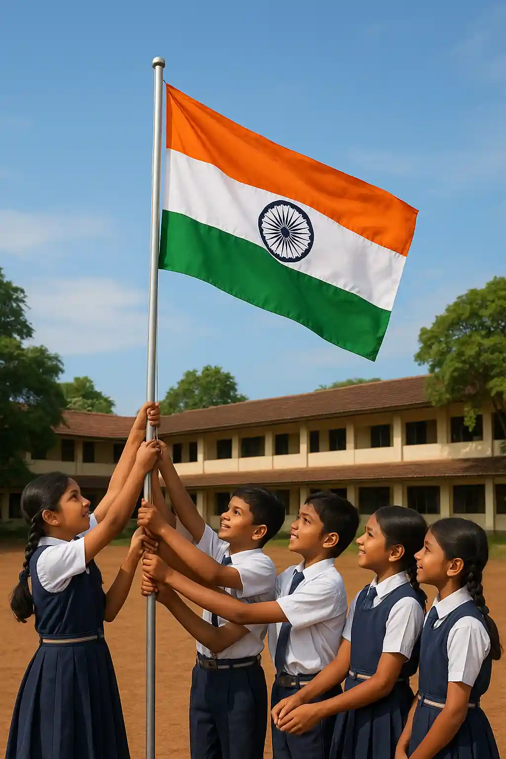 Students celebrating Happy Independence Day 2025 with Indian tricolor flags in hand during school event