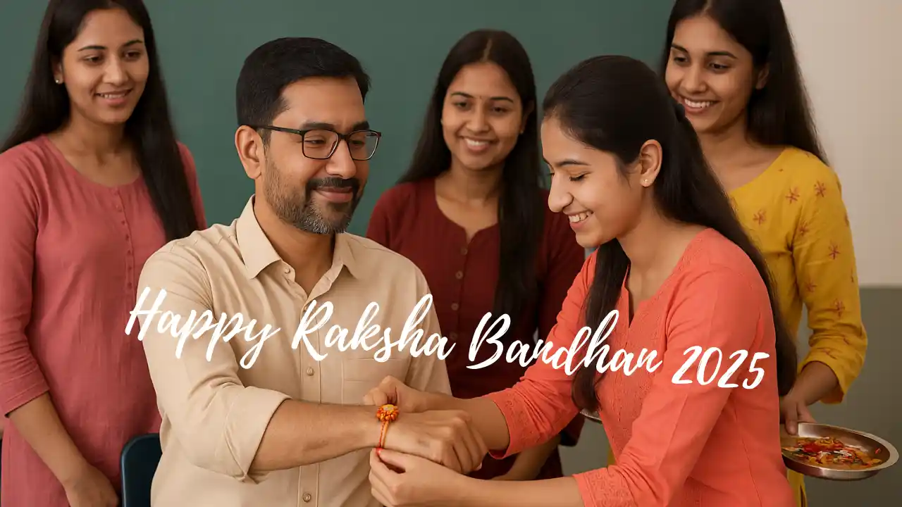 Indian college girls tying a red and gold rakhi on their teacher’s wrist during Raksha Bandhan celebration – Happy Raksha Bandhan status 2025.
