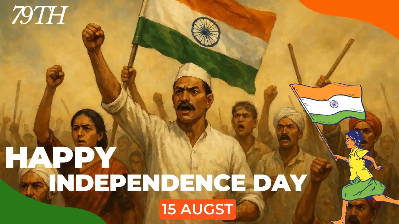 Indian school children holding tricolor flags and marching in parade on Happy Independence Day 2025 celebration