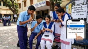 পশ্চিমবঙ্গ মাধ্যমিক পরীক্ষার রেজাল্ট ২০২৬ প্রকাশের তারিখ - দেখুন কবে প্রকাশ হবে মাধ্যমিকের রেজাল্ট 2026 এই টপিকের উপর একটা রিয়েল স্টিক ছবি বানাও যেখানে কয়েকজন পরীক্ষার্থী মাধ্যমিকের রেজাল্ট স্কুল ড্রেস পরে মোবাইলে